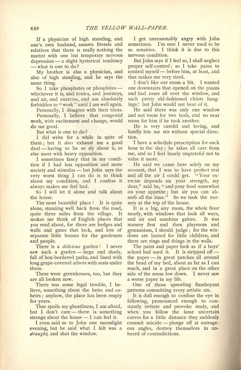 Gilman, Charlotte Perkins, The Yellow Wallpaper, 1892 facsimile (10 pages)