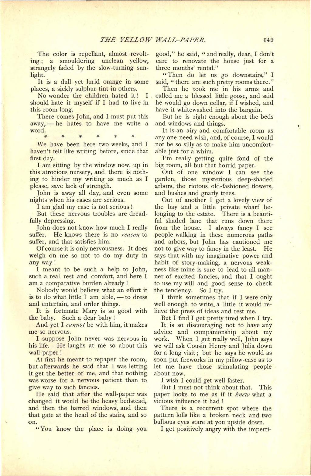 Gilman, Charlotte Perkins, The Yellow Wallpaper, 1892 facsimile (10 pages)