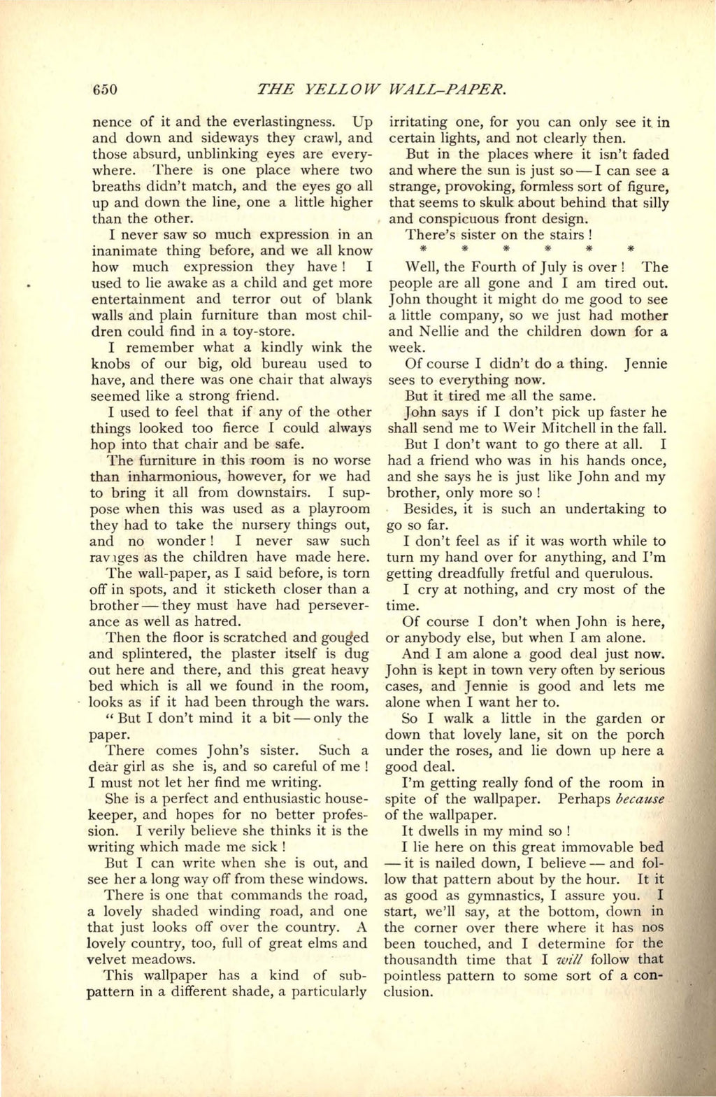 Gilman, Charlotte Perkins, The Yellow Wallpaper, 1892 facsimile (10 pages)